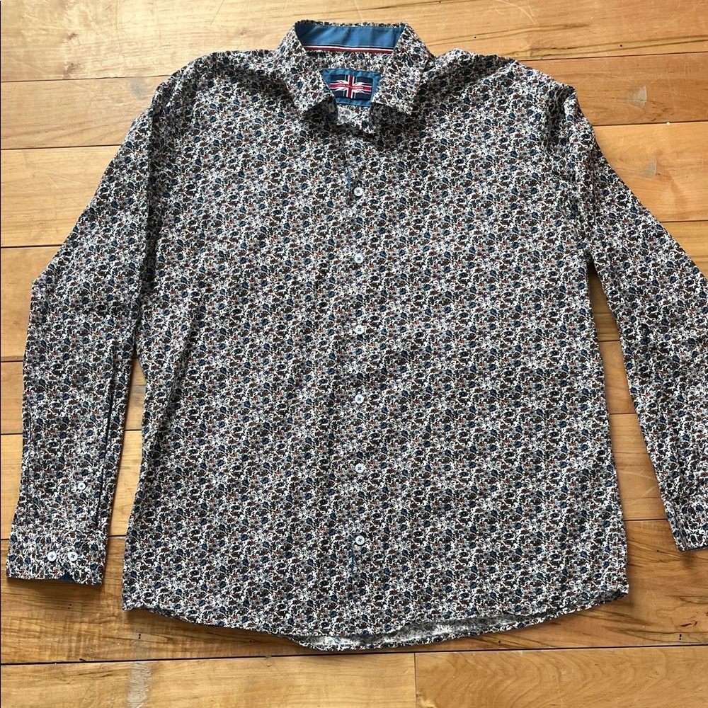 Classic Mens Floral Button-Down Shirt - Blue/Tan